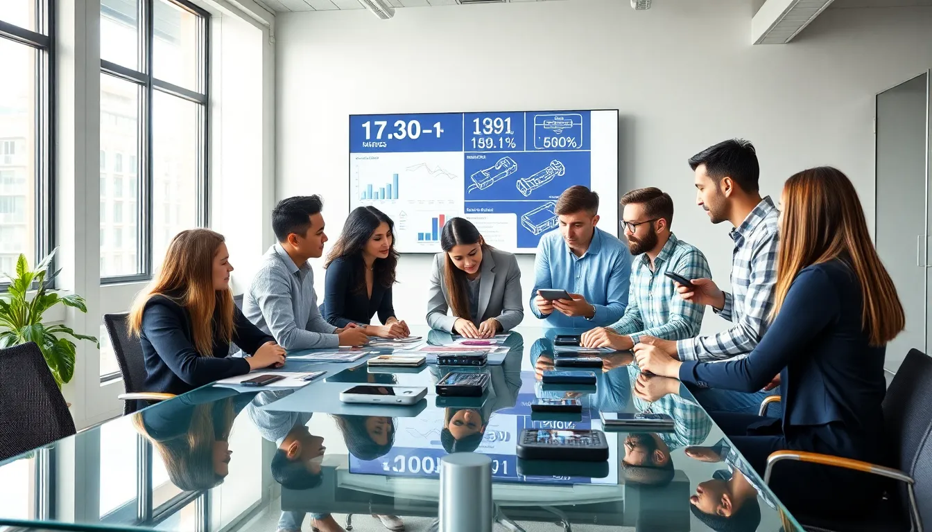 diverse team collaborating on innovative consumer electronics in a modern office.