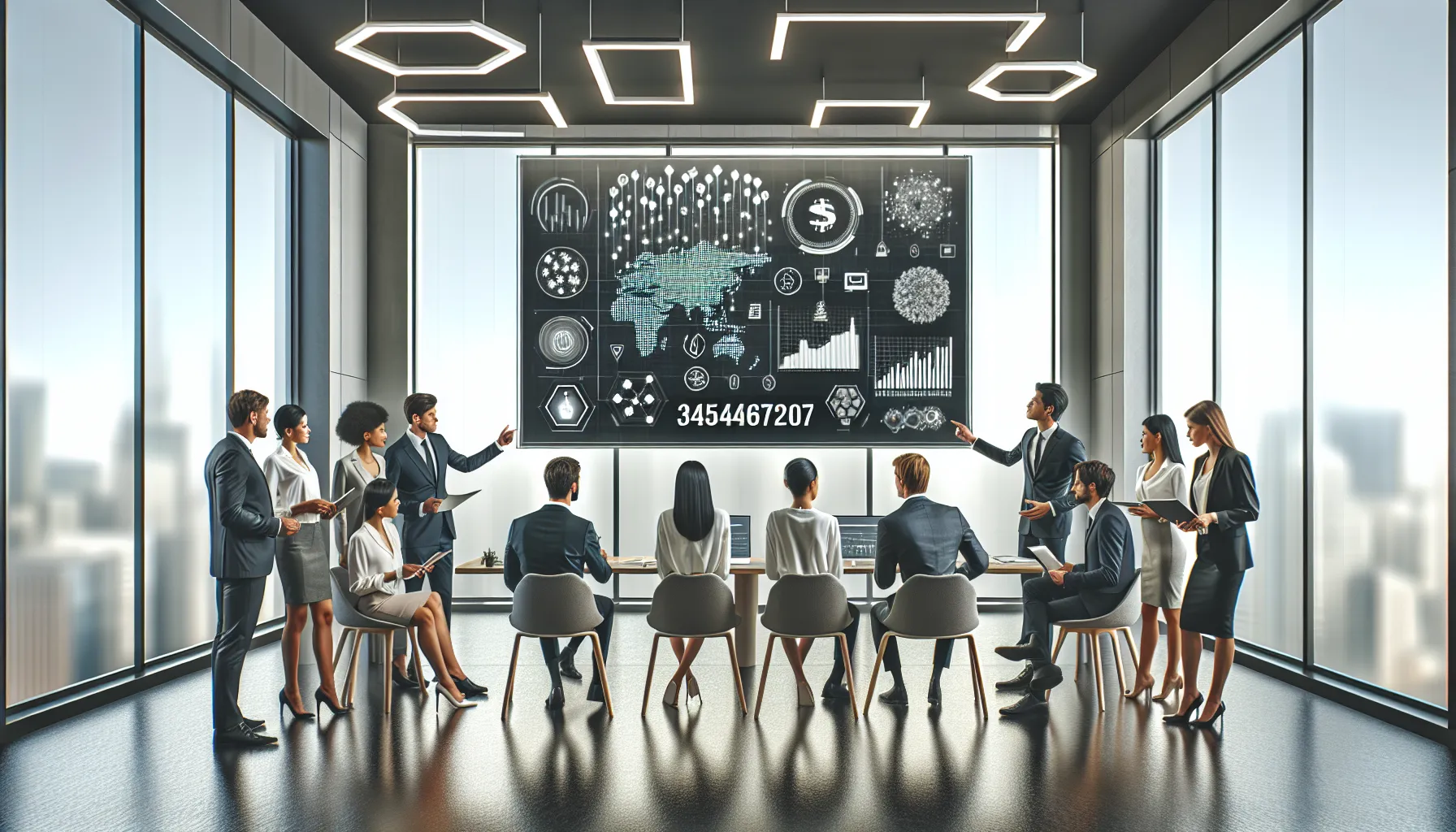 diverse team analyzing data in a modern office setting.