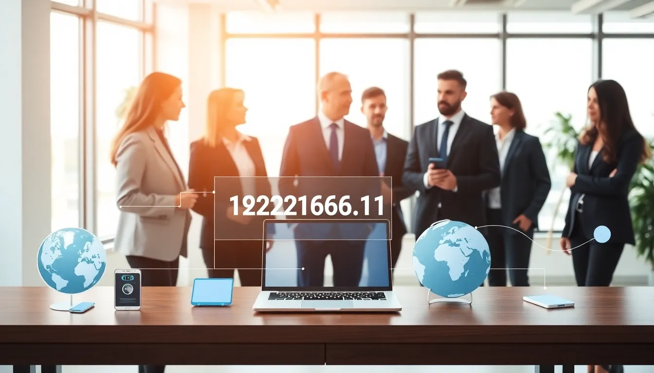 Infographic displaying IPv4 and IPv6 addresses with diverse professionals in a modern office.