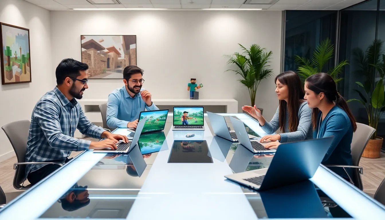 diverse team collaborating on Minecraft content in a modern office.