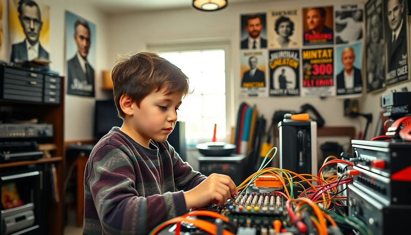 young boy working on technology in a modern garage.