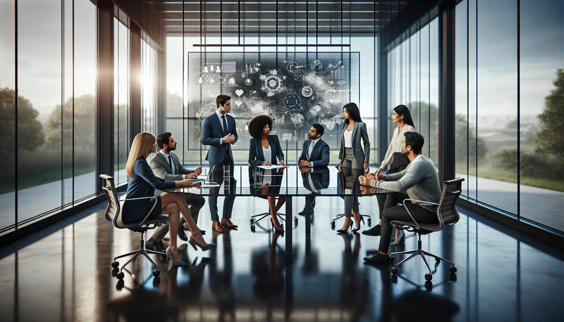diverse team collaborating in a bright, modern conference room.