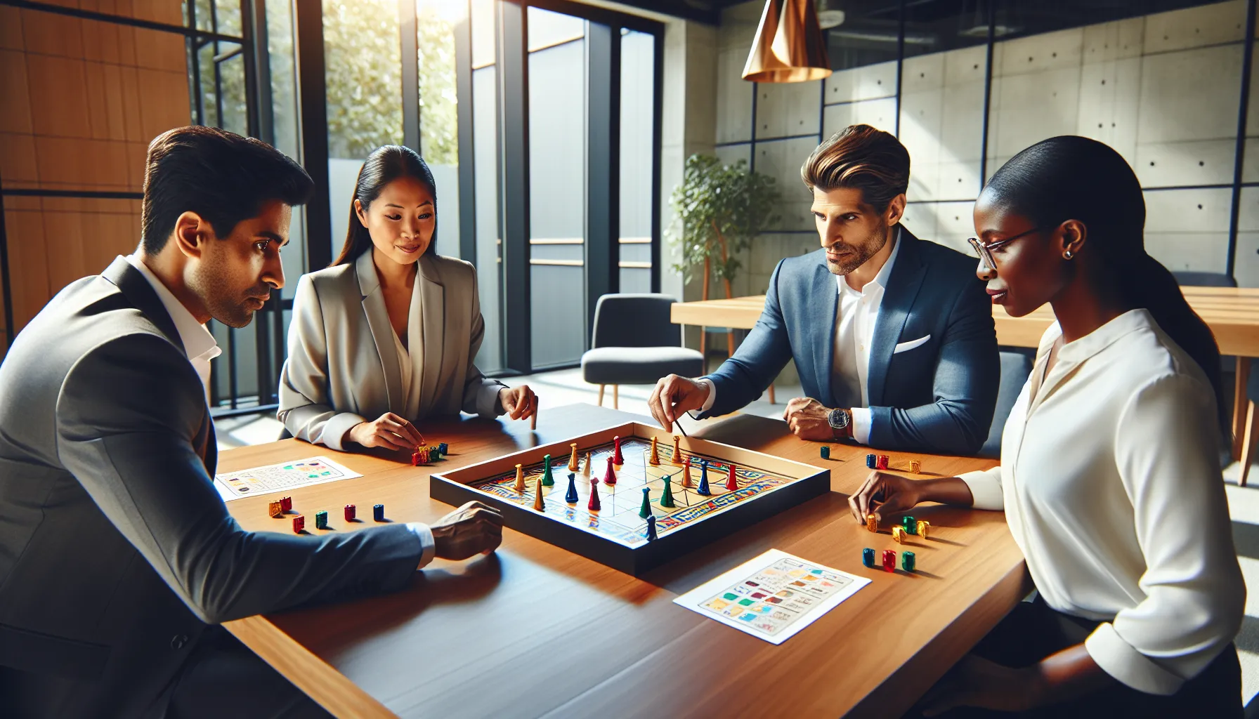 diverse team playing Sattamatakafinalank in a modern office.