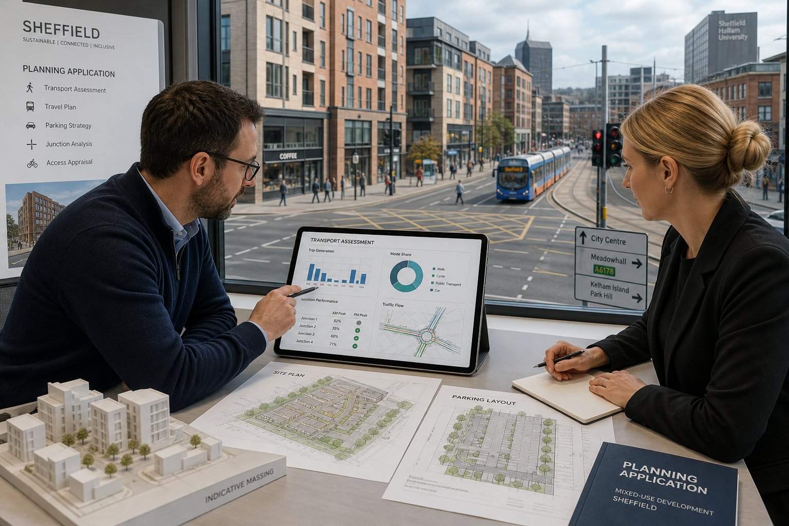 Traffic engineer reviewing Sheffield development plans in a modern office.