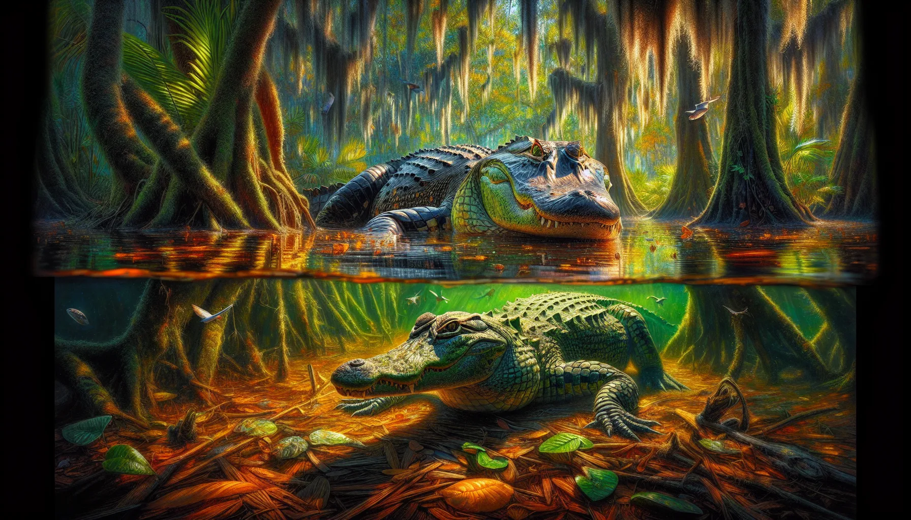 An alligator and crocodile displaying predatory skills in a swamp.