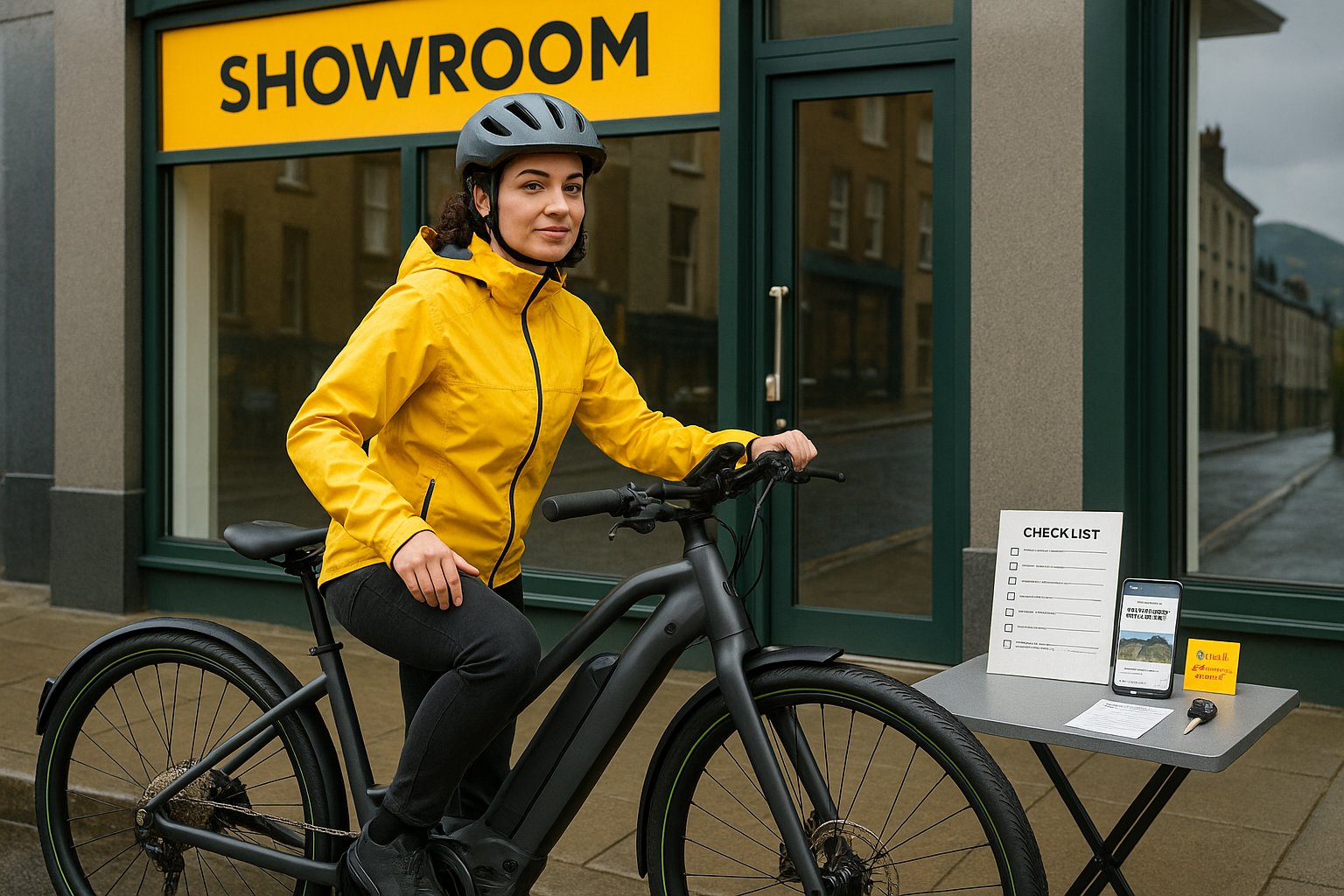 Rider testing a gray e-bike outside a yellow-and-green Dublin showroom.