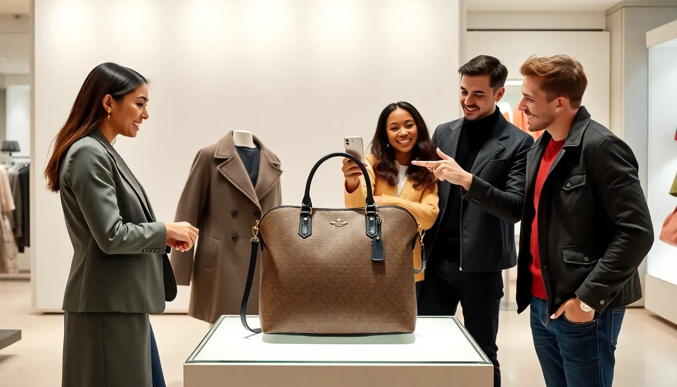 diverse group admiring the Viral Coach Bag in a stylish retail setting.