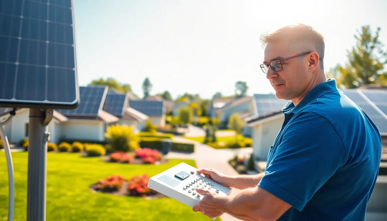A man inspecting solar panels and energy systems in a sunny neighborhood.