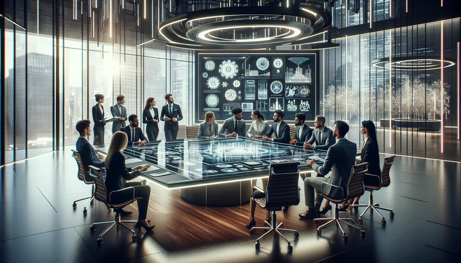 diverse professionals collaborating around the 4bv085 in a modern office.