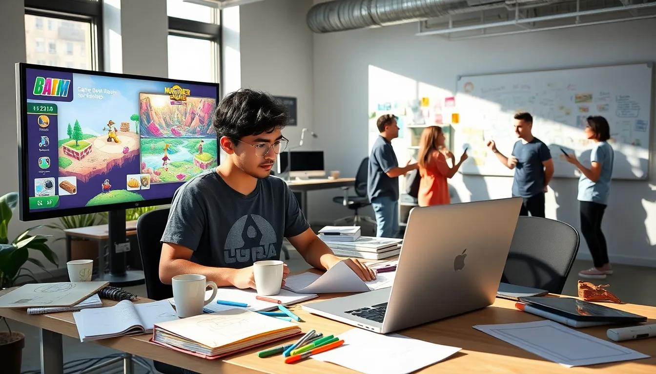 a diverse group of game designers collaborating in a modern workspace.