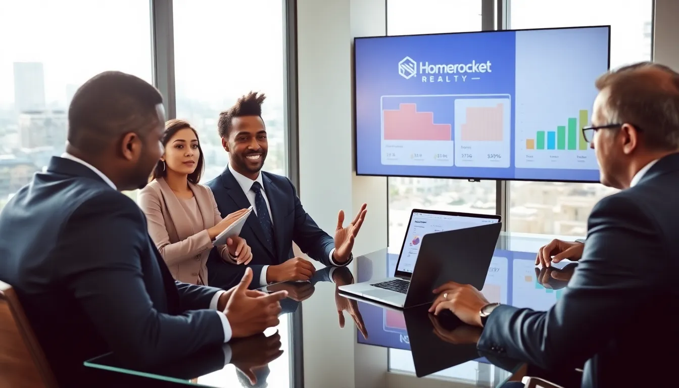 A diverse team discussing real estate in a modern office setting.