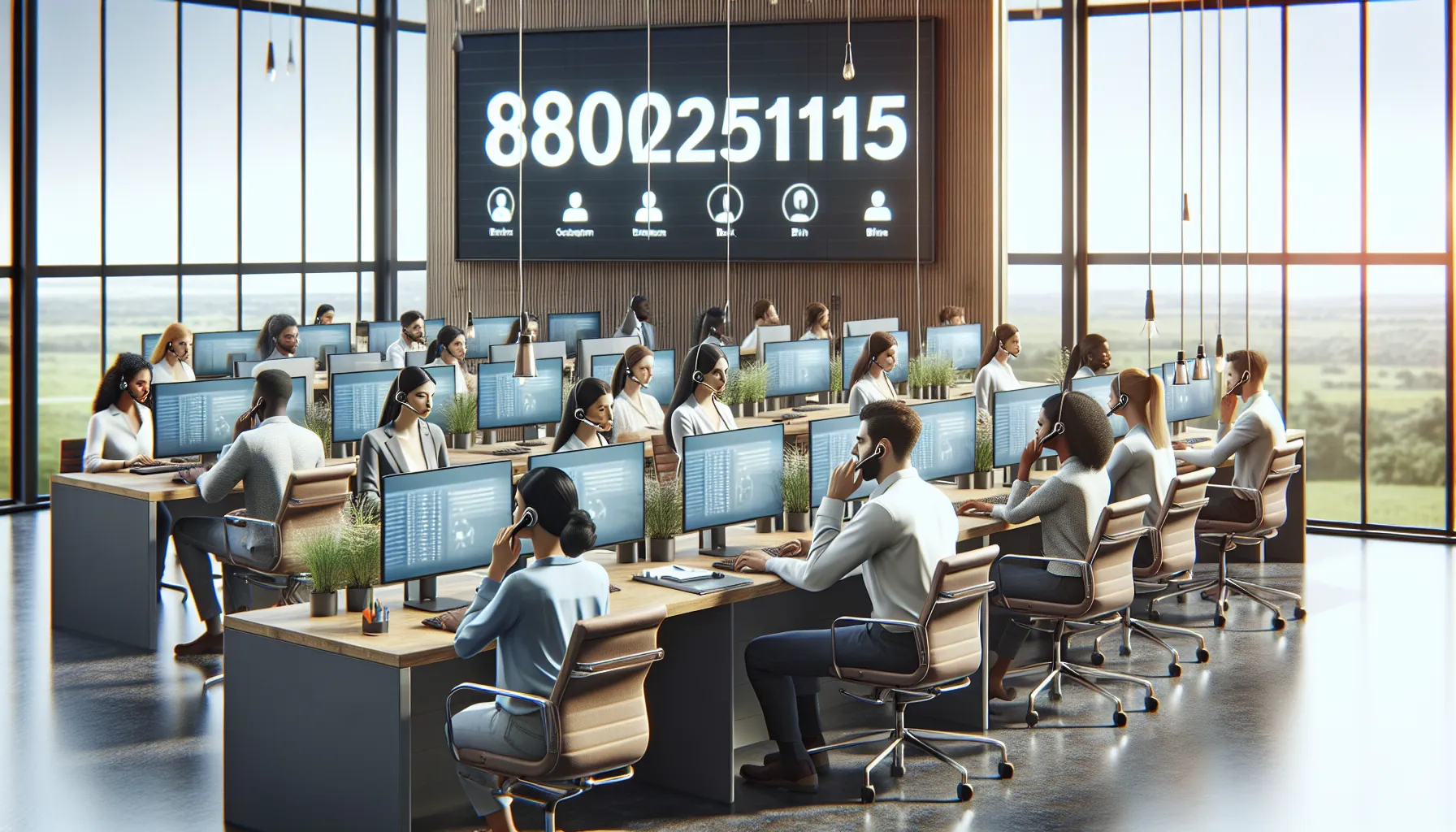 diverse team of customer service representatives in a modern call center.