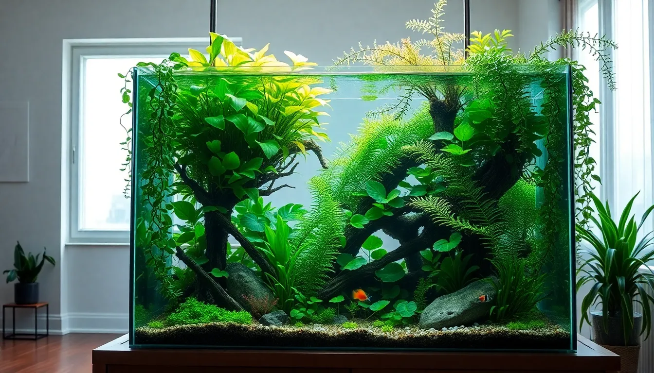 a fish tank with lush indoor plants and colorful fish.