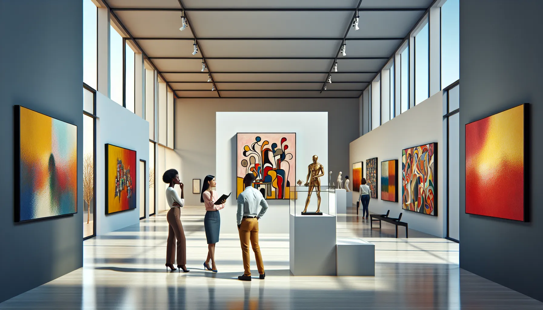 three artists discussing diverse artwork in a modern gallery.