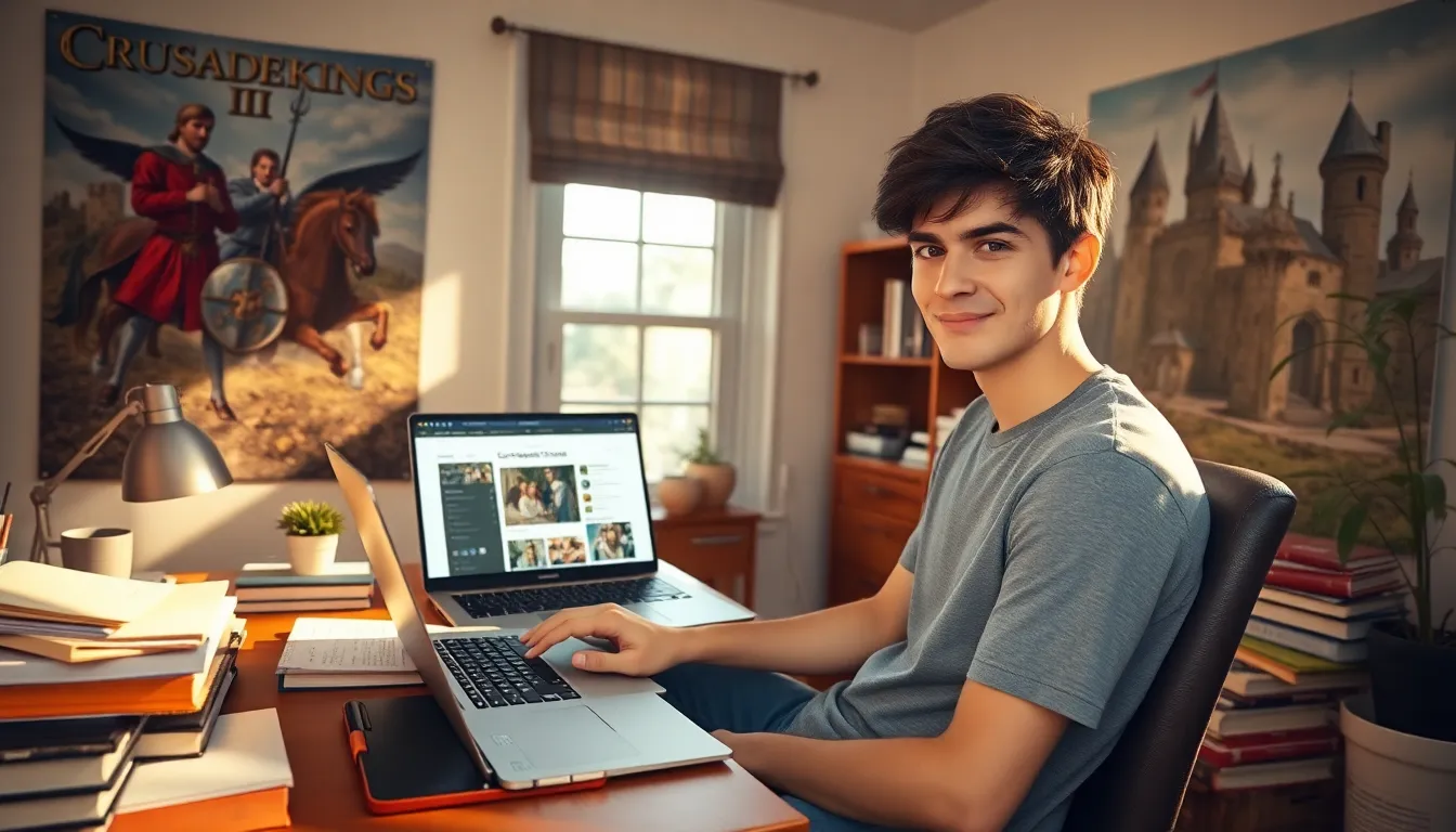 a young man creating characters for Crusader Kings II in a cozy office.