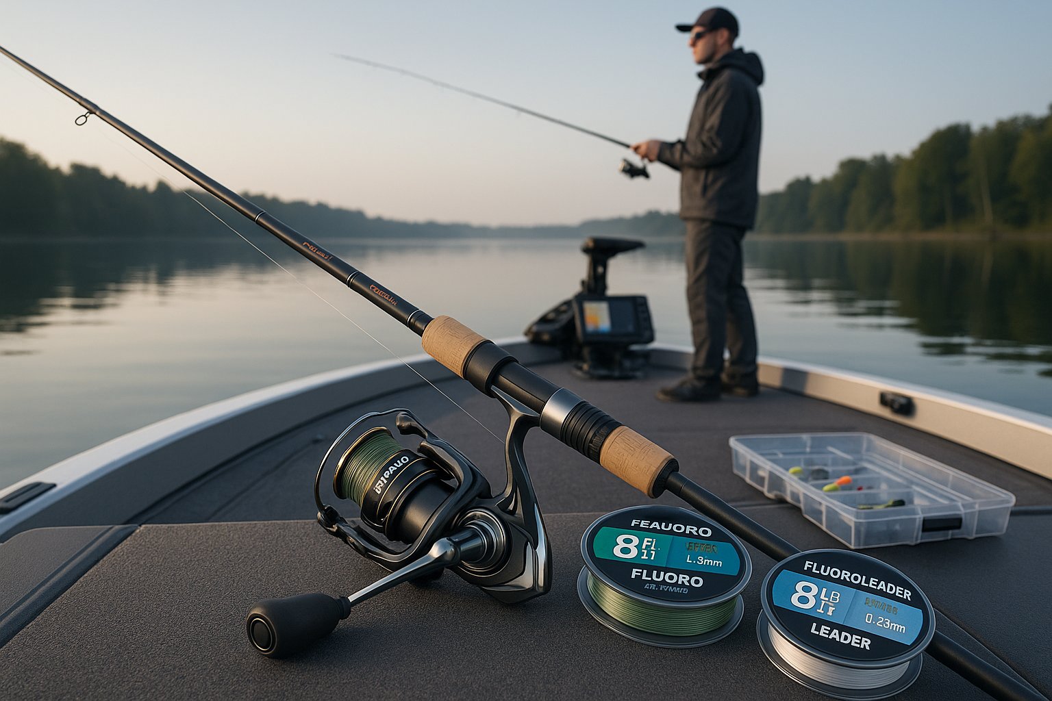Walleye spinning rod, reel, and line setup on a modern fishing boat.