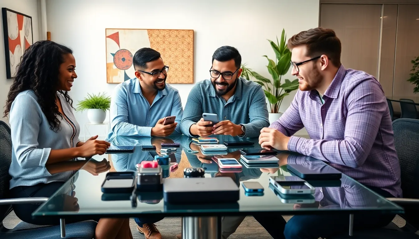 diverse group of gadget geeks collaborating over tech devices.