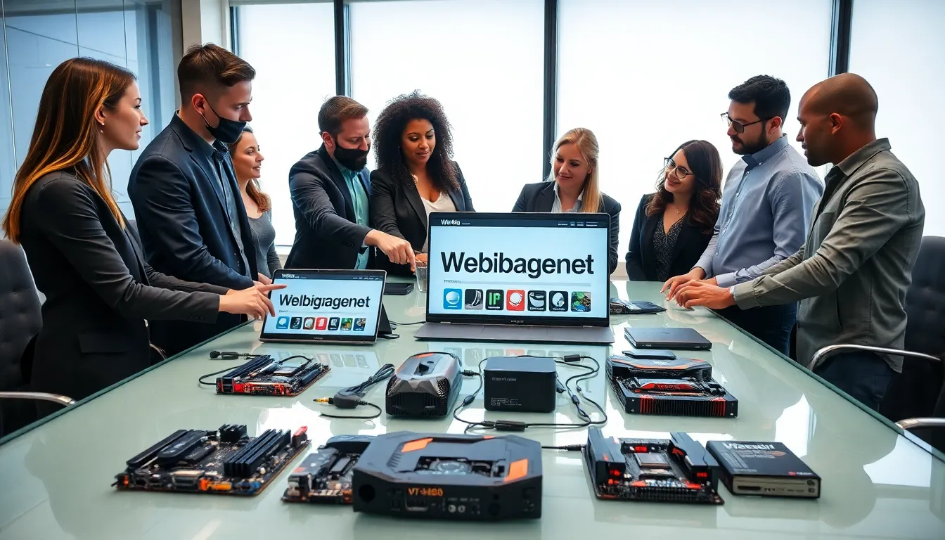 diverse professionals discussing computer hardware in a modern office.