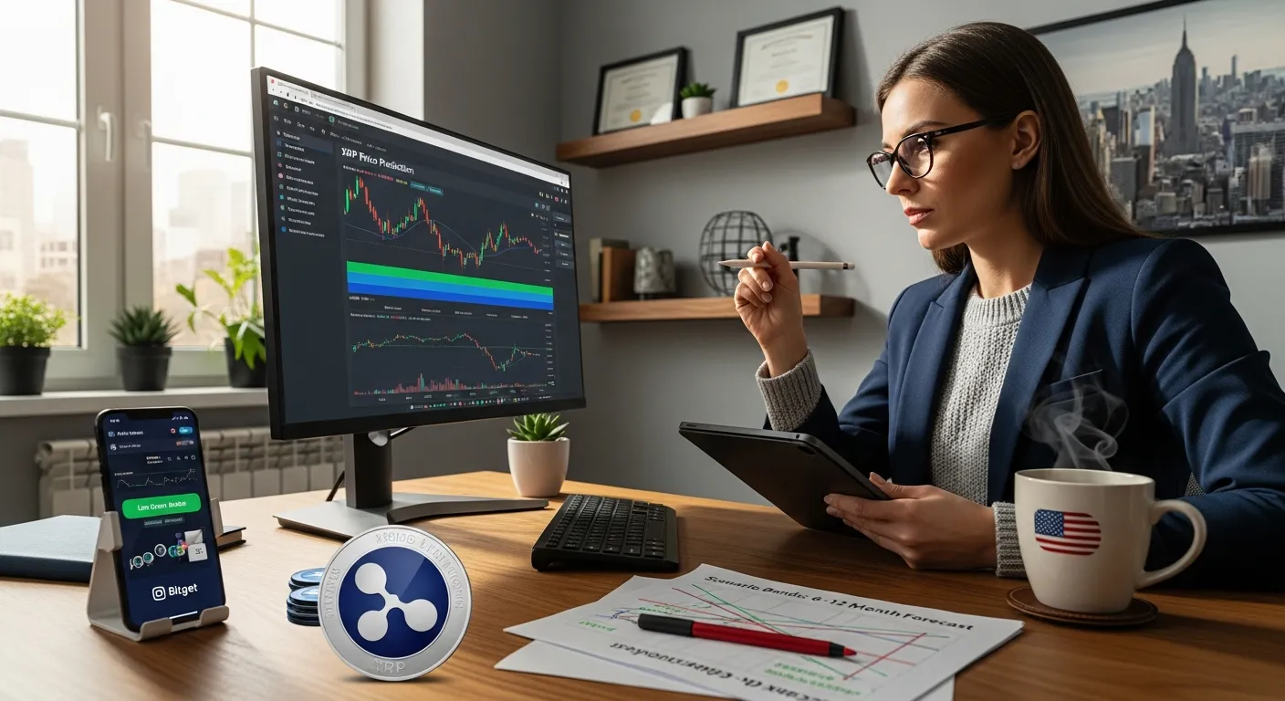 Trader analyzing an XRP price prediction dashboard on a home office monitor.