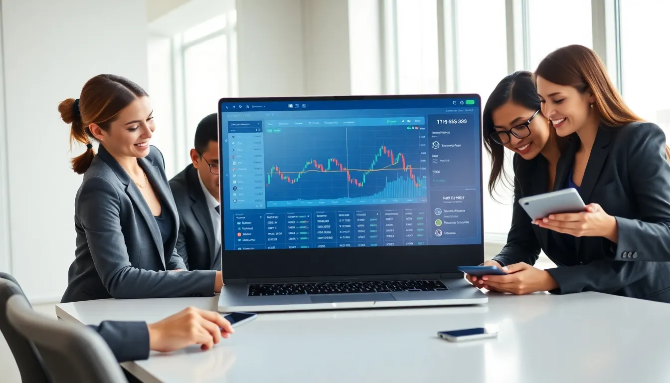 diverse professionals collaborating over a cryptocurrency trading interface.