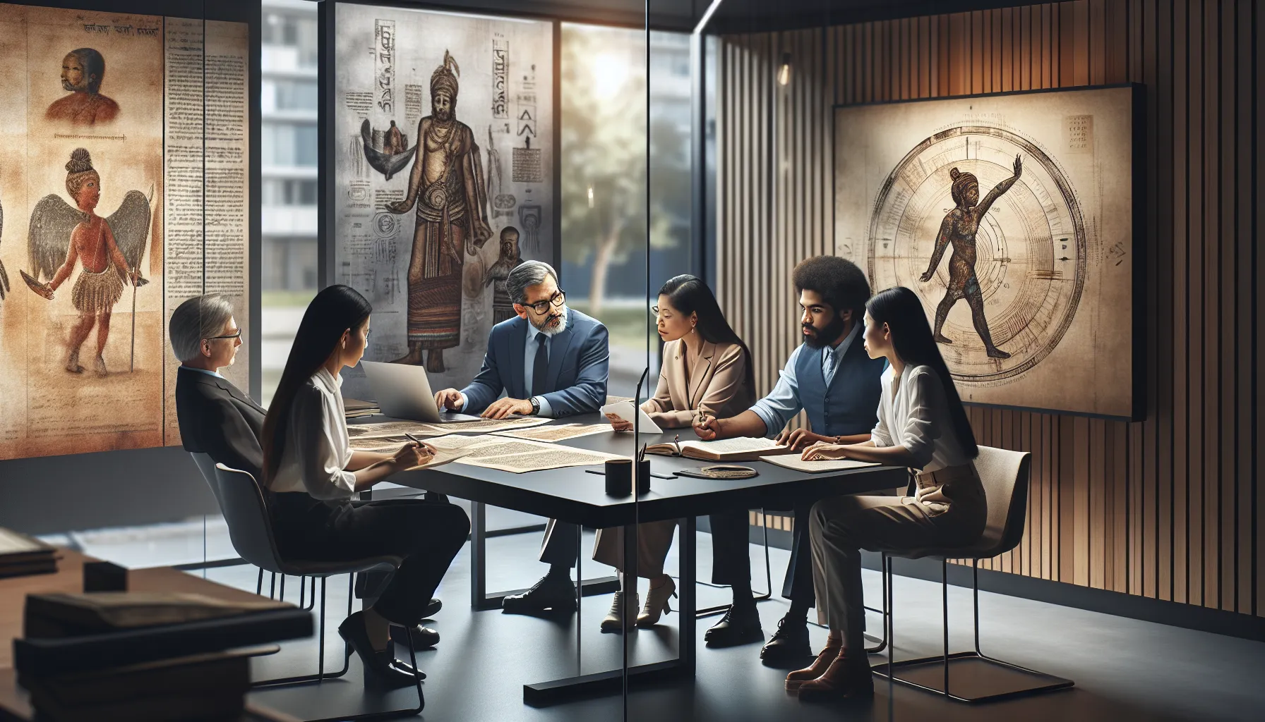 diverse scholars discussing the historical significance of εβθρυ in a modern office.