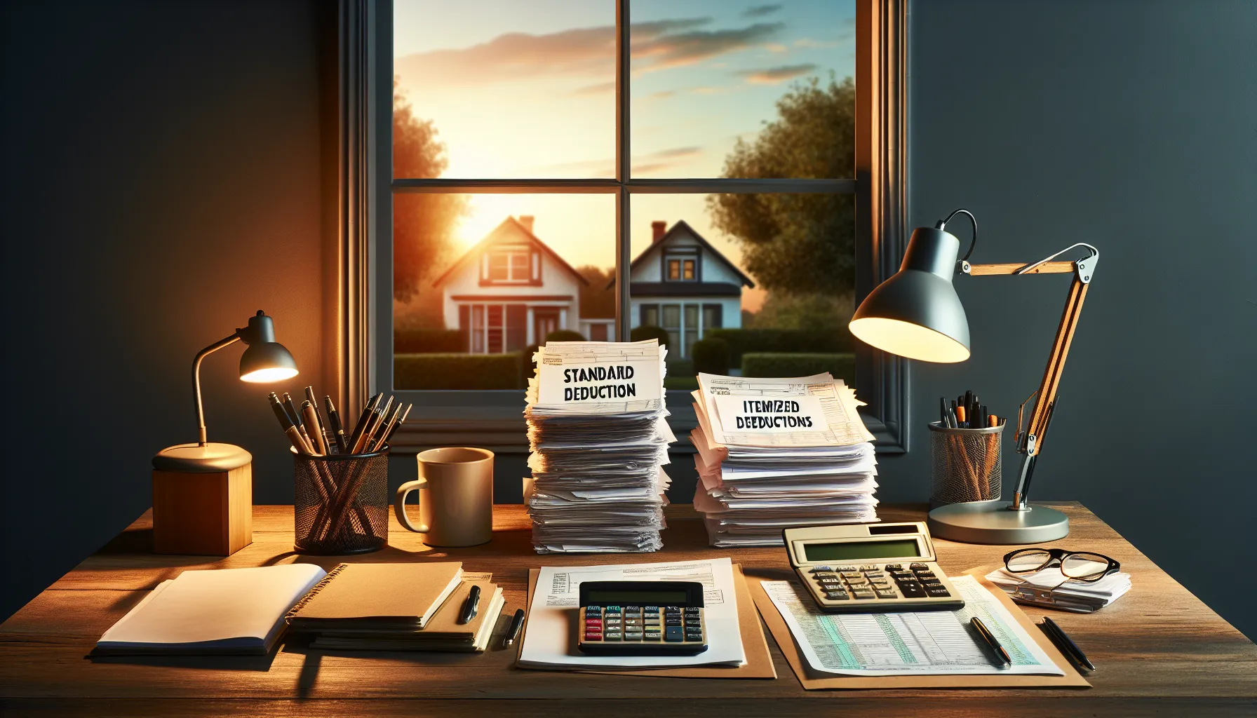 A desk showing paperwork stacks for standard and itemized tax deductions.