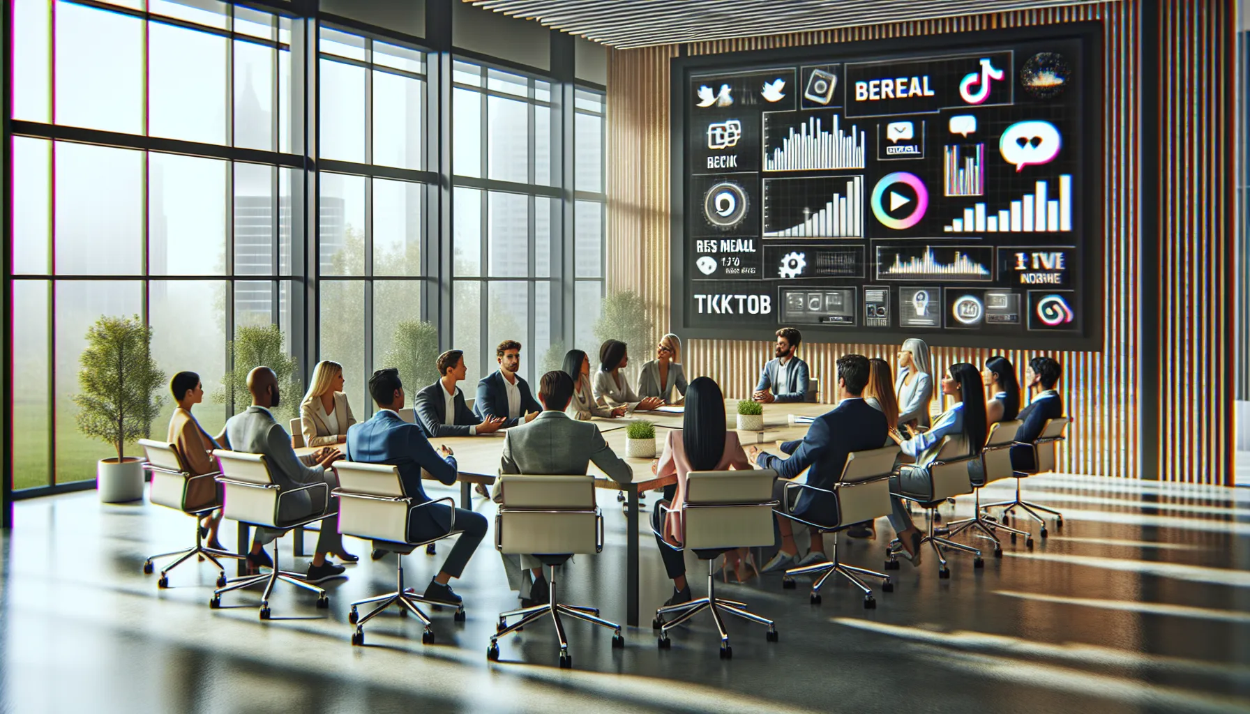 diverse team discussing social media trends in a modern office.