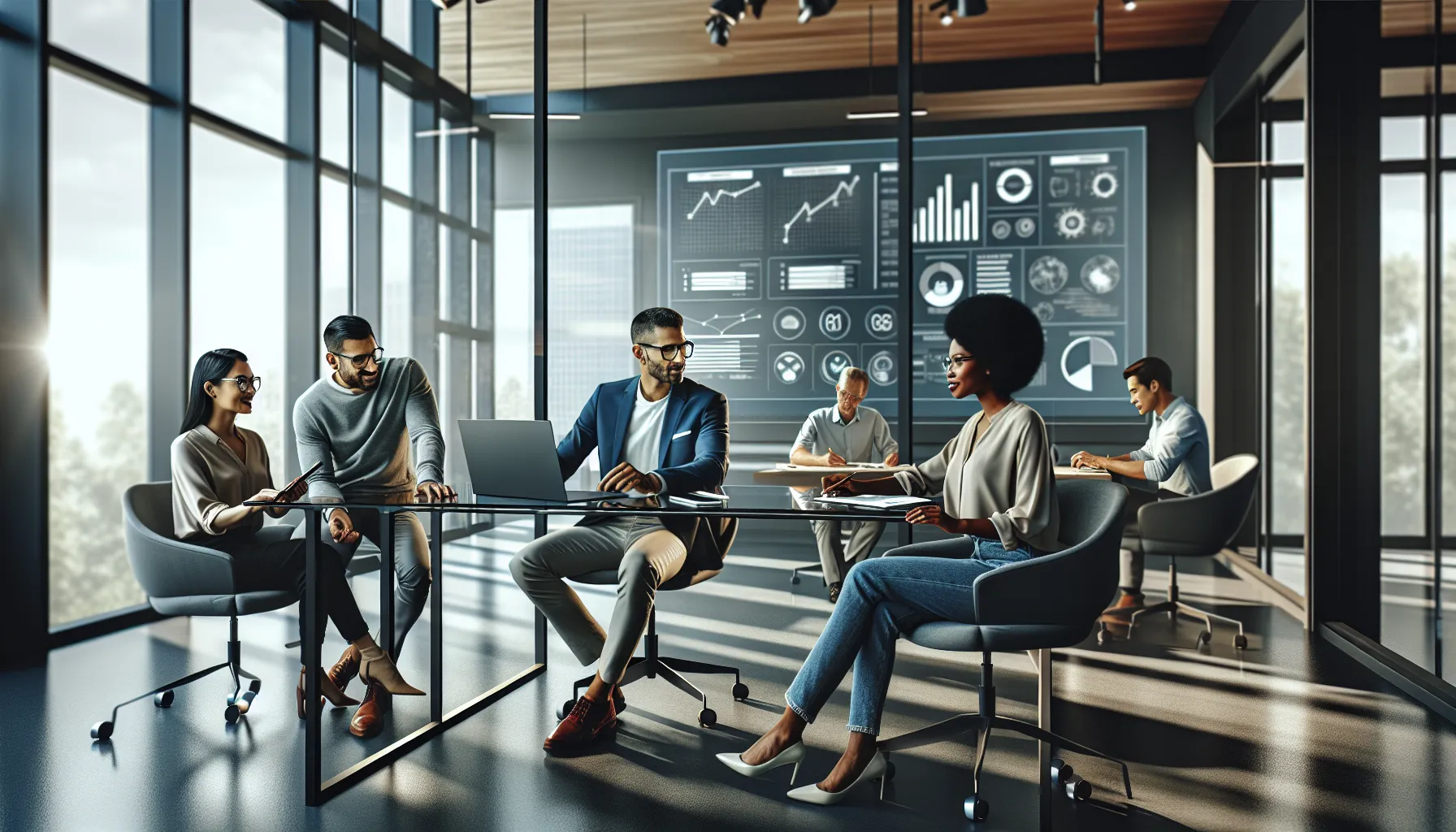 a diverse team collaborating in a modern office on blogging resources.