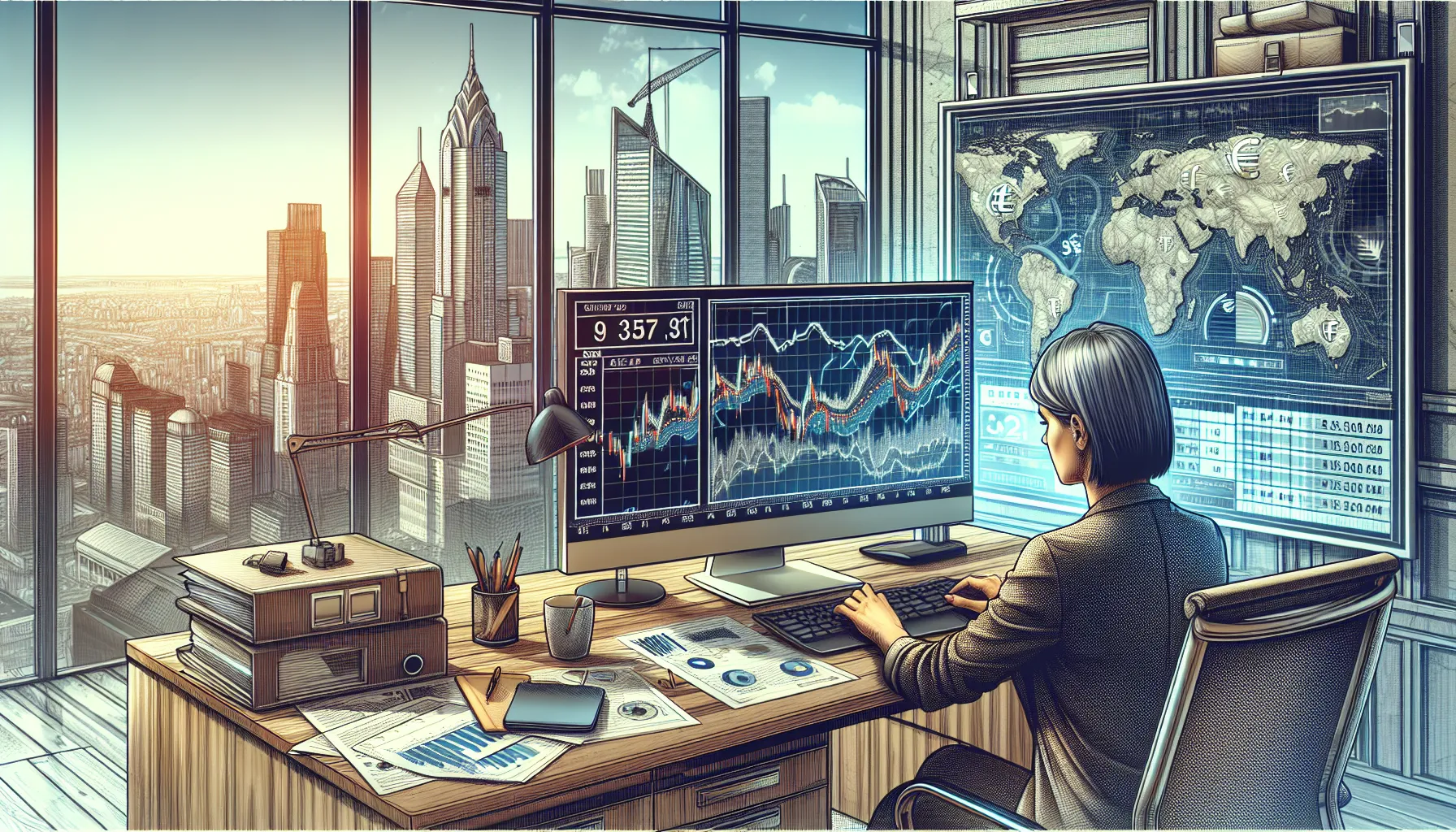 A workspace with currency exchange chart analysis on a computer screen.
