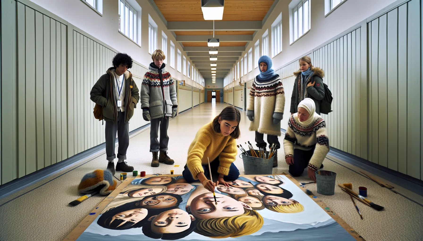 Norwegian students and teacher paint a collaborative mural promoting inclusion and empathy.