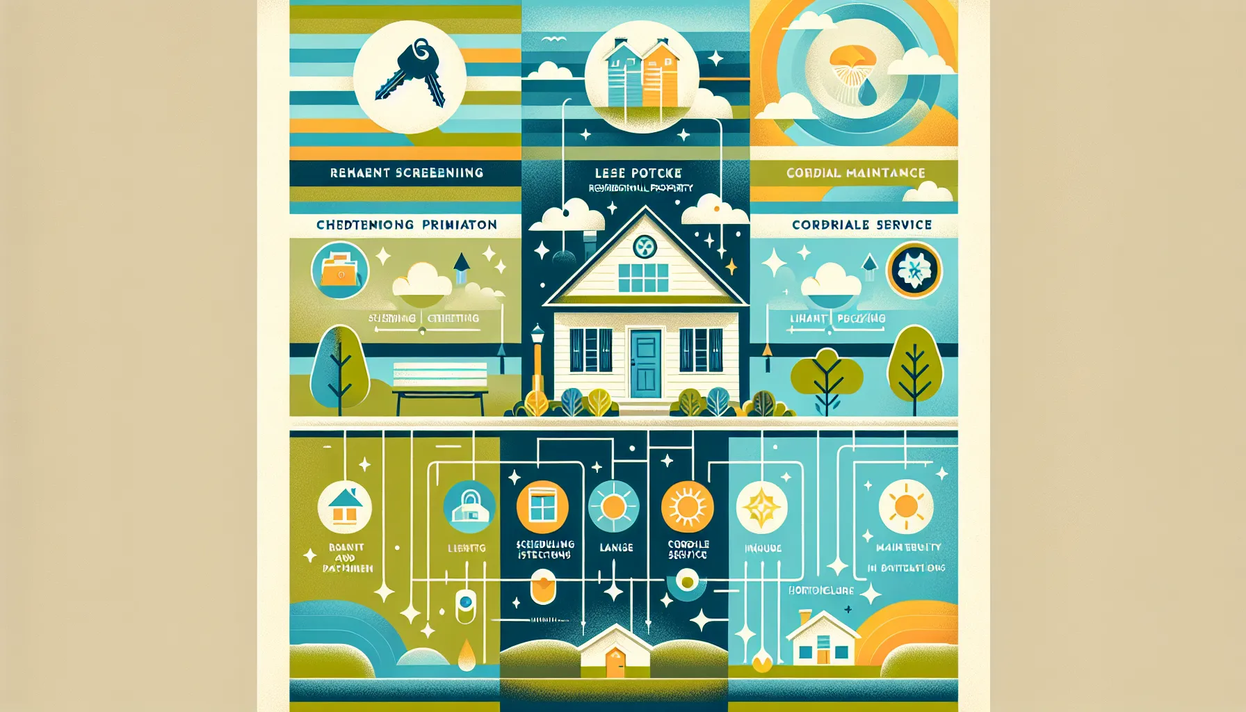 illustration of core property services: management, landscaping, and cleaning