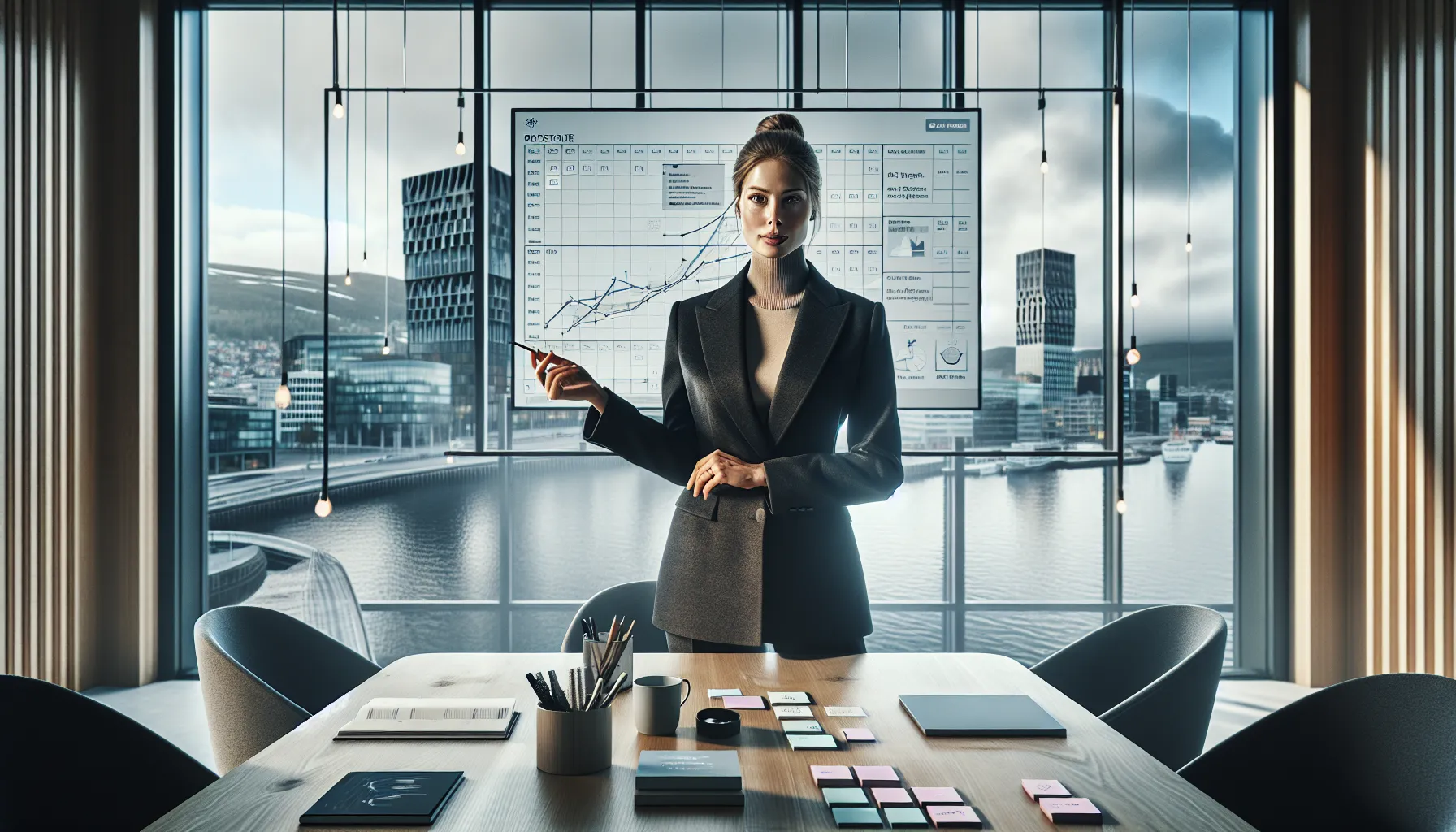 Norwegian project manager leads team with Gantt chart and risk matrix.