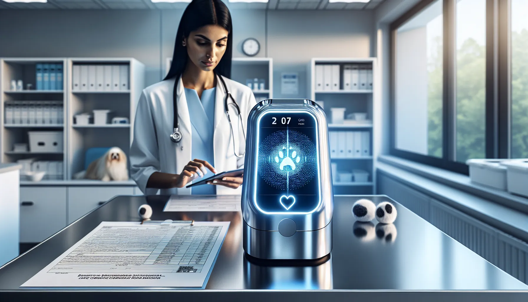 Veterinarian using microchip scanner in modern clinic setting