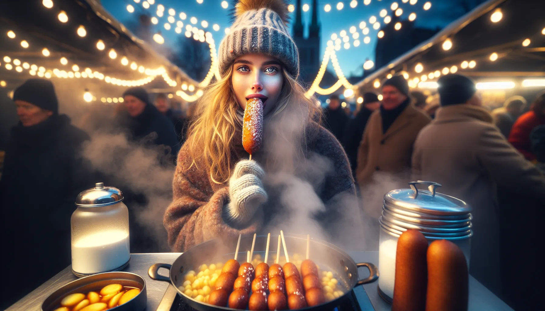 Cheesy korean corn dog at oslo market, with steaming tteokbokki and dips.