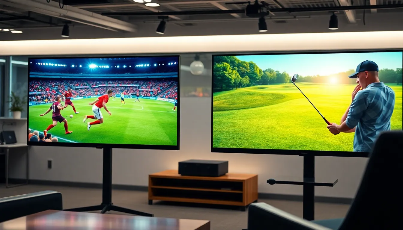 a digital newsroom displaying live updates on football and golf events.