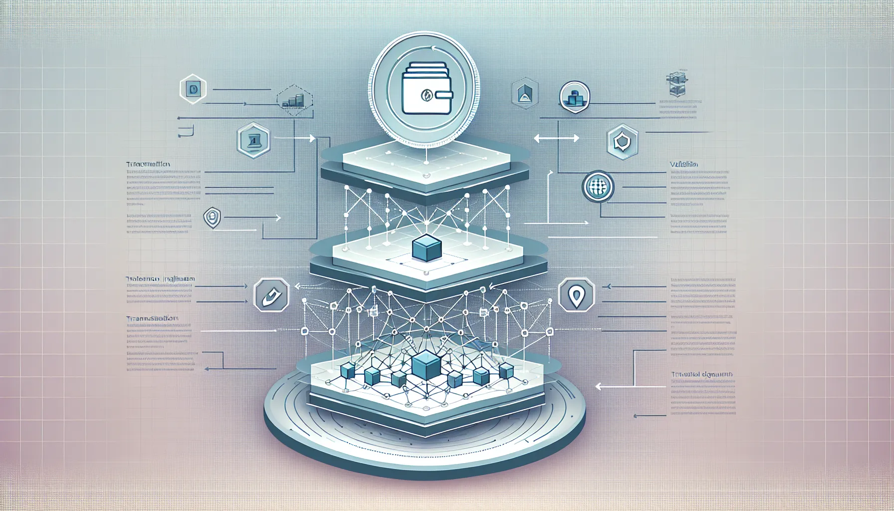 Layered diagram showing blockchain transaction flow from wallet through network validation to immutable ledger.
