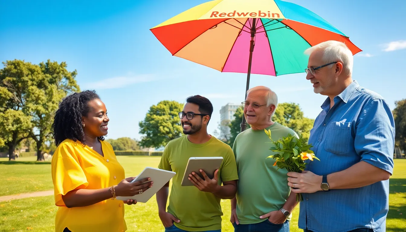 A diverse group discussing science under a colorful Redwebzine umbrella.