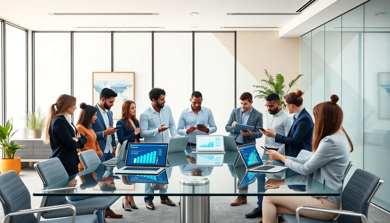 diverse professionals collaborating in a modern office setting.