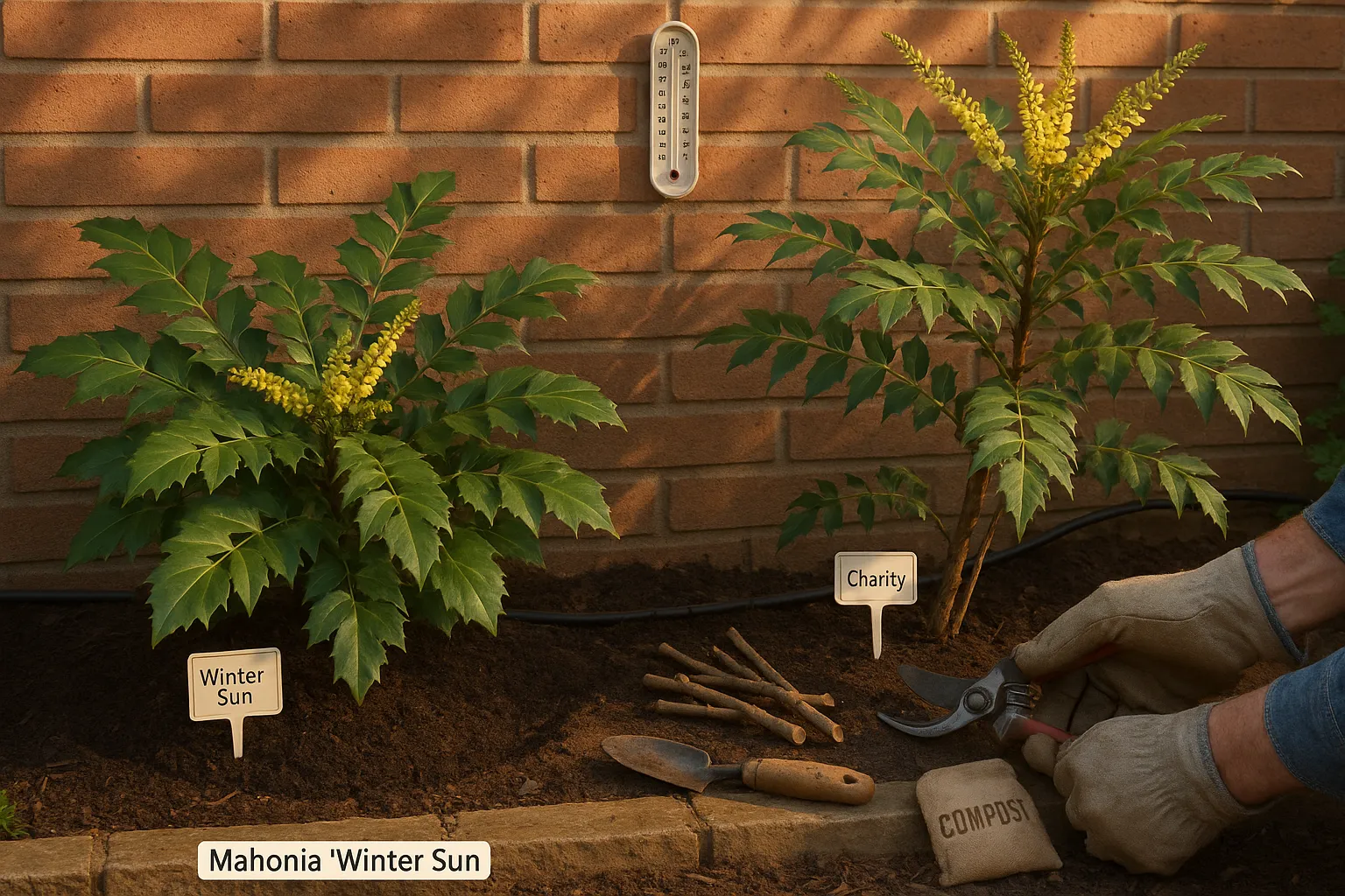 Side-by-side Mahonia 'Winter Sun' and 'Charity' with gardener pruning 'Charity'.