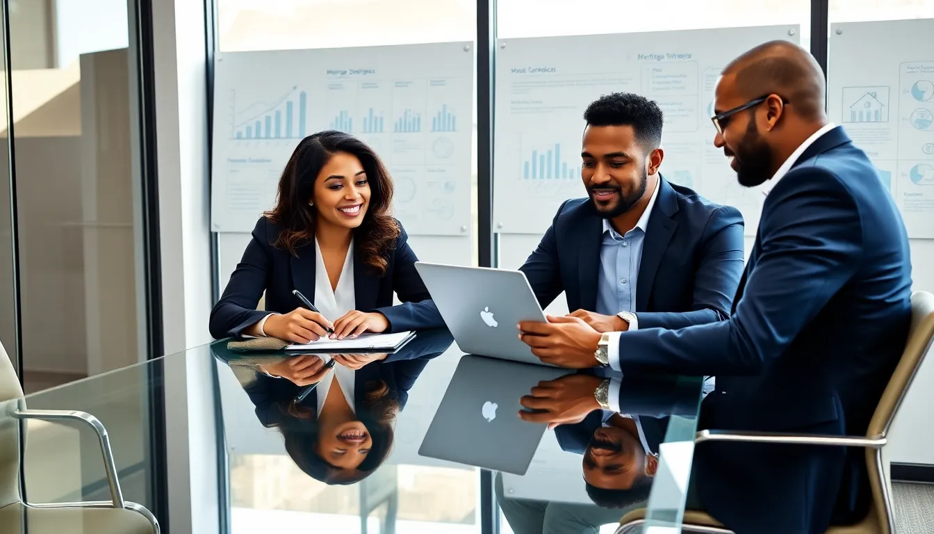 Loan officer assisting a couple with mortgage documents in a modern office.