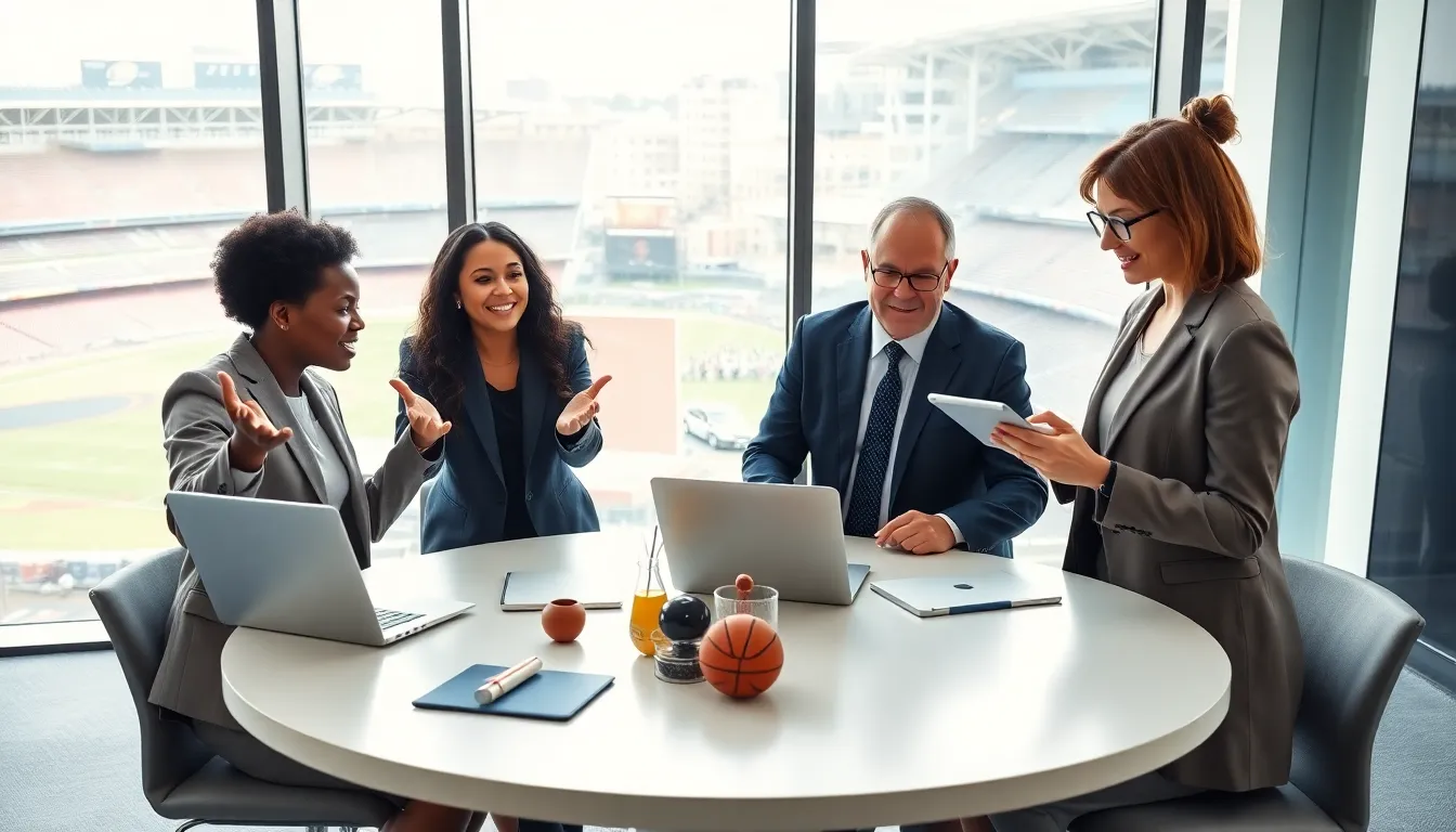 a diverse team discussing improvements for a sports news contact page.