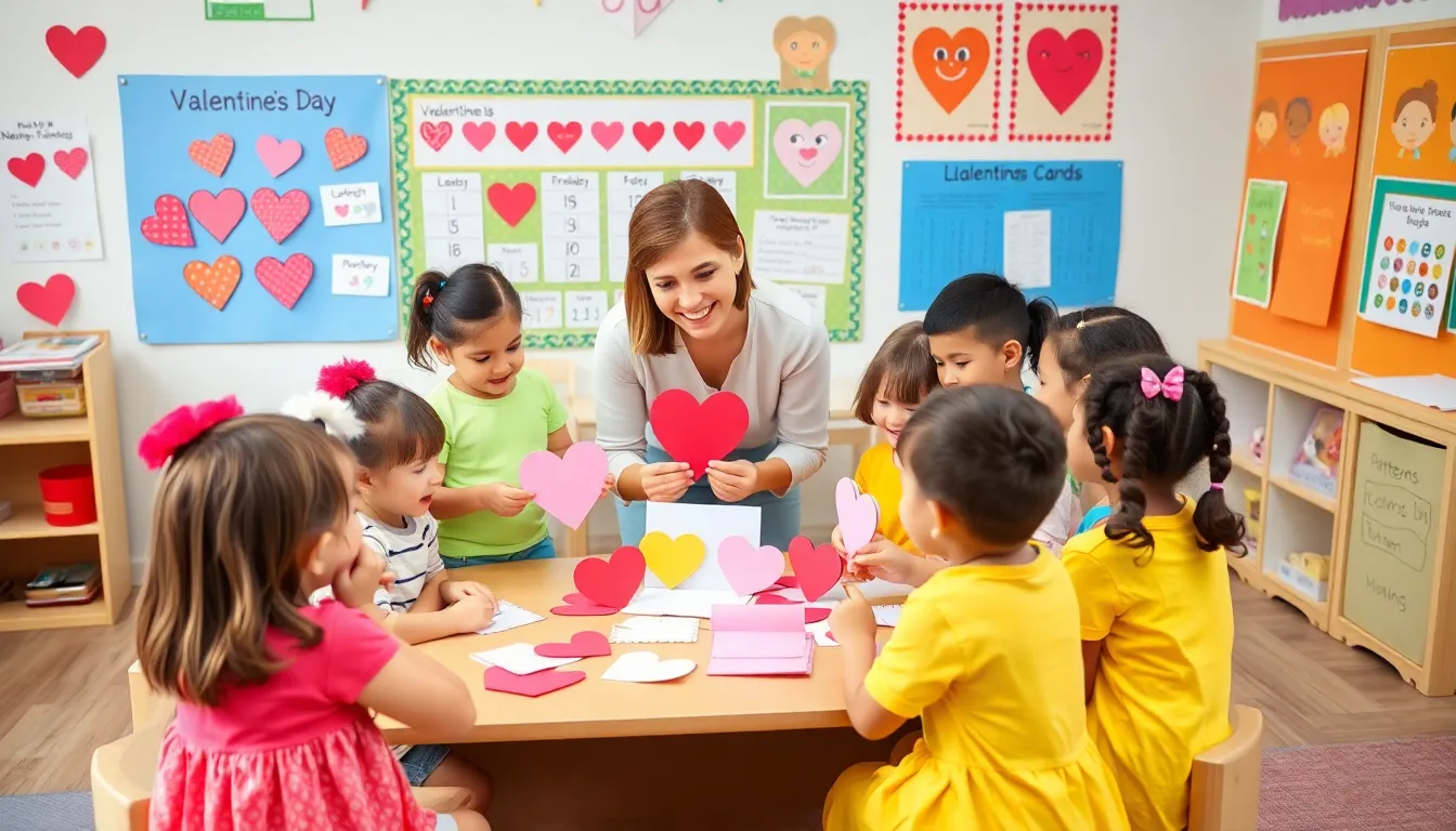 Children collaborating on Valentine's Day themed activities in a colorful classroom.