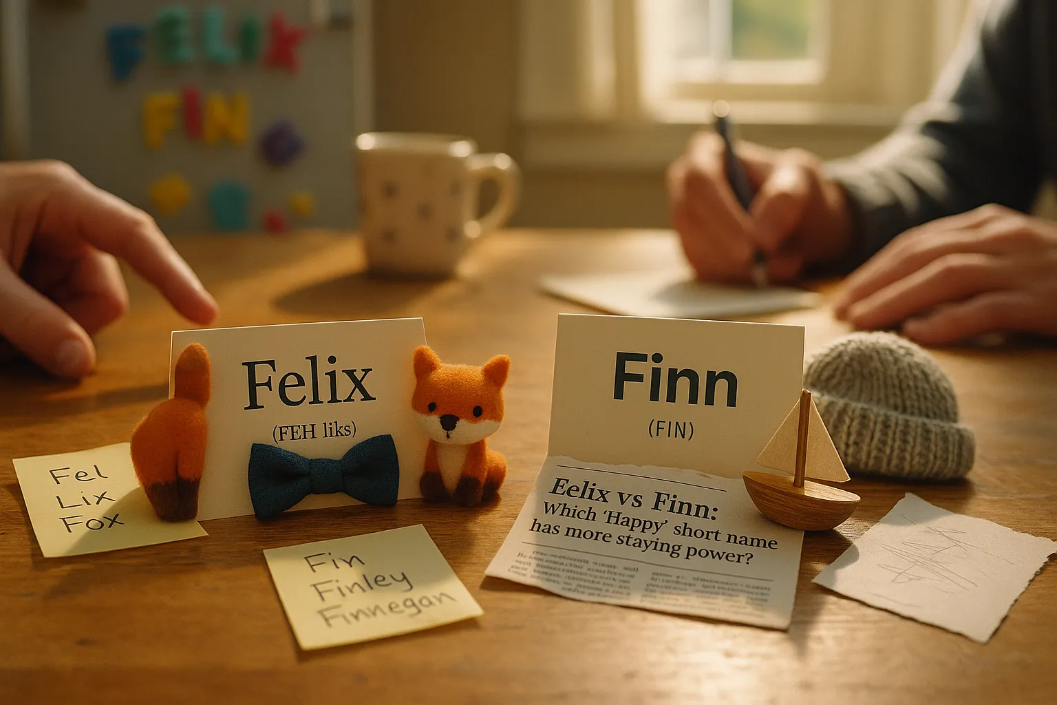 Two baby-name cards for Felix and Finn on a sunlit kitchen table.