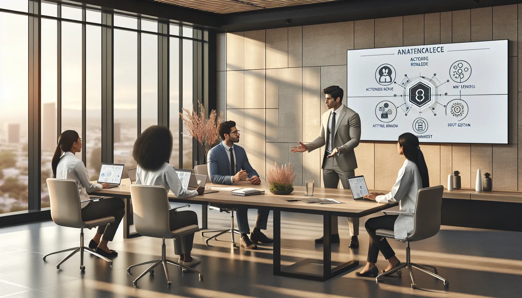 diverse professionals collaborating in a modern office meeting.