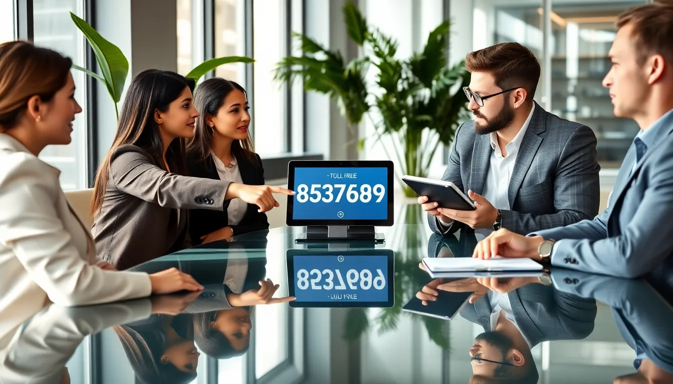 team discussing a toll-free phone number in a modern office setting.