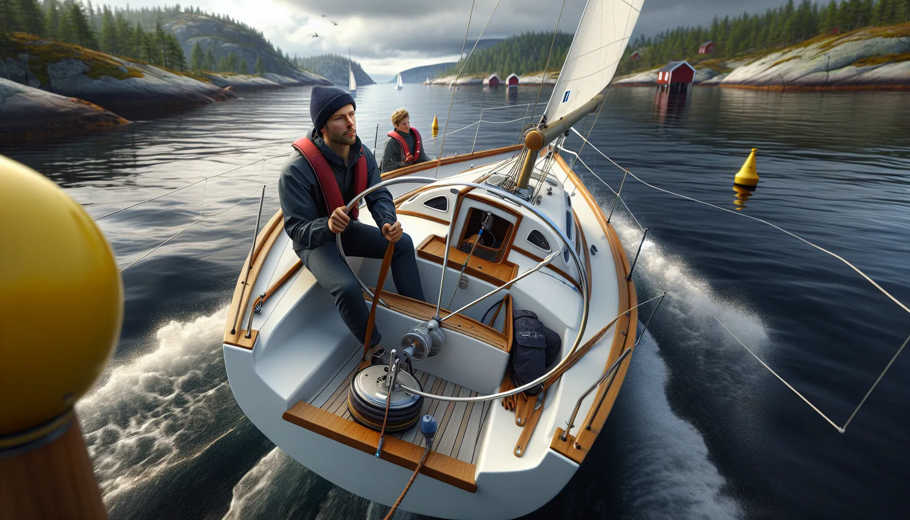 Hvordan mestre grunnleggende teknikker i seiling 3 Beginner sailor steers small boat on norwegian fjord, adjusting sail sheets calmly.