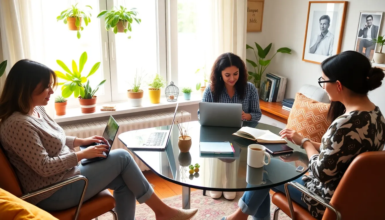 moms working on side hustles in a cozy home office.