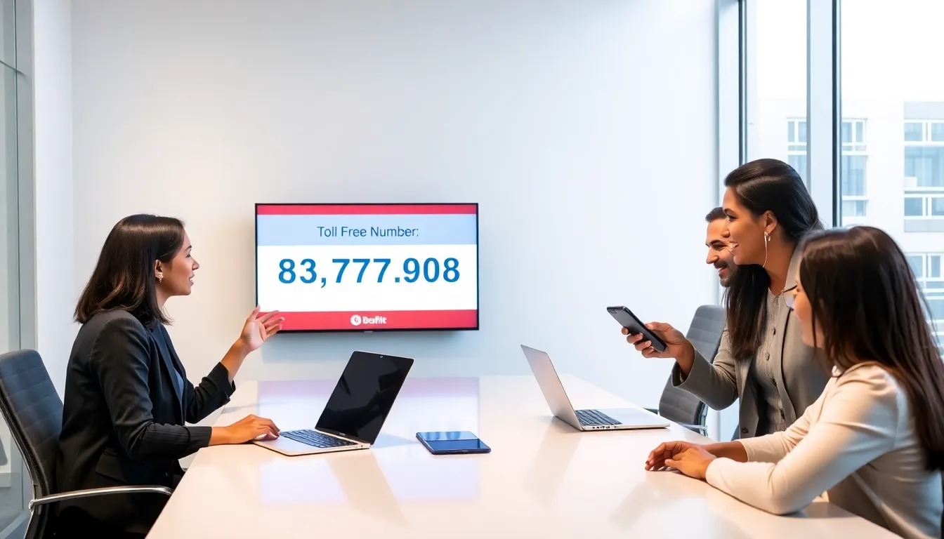 diverse professionals discussing toll-free number services in an office.
