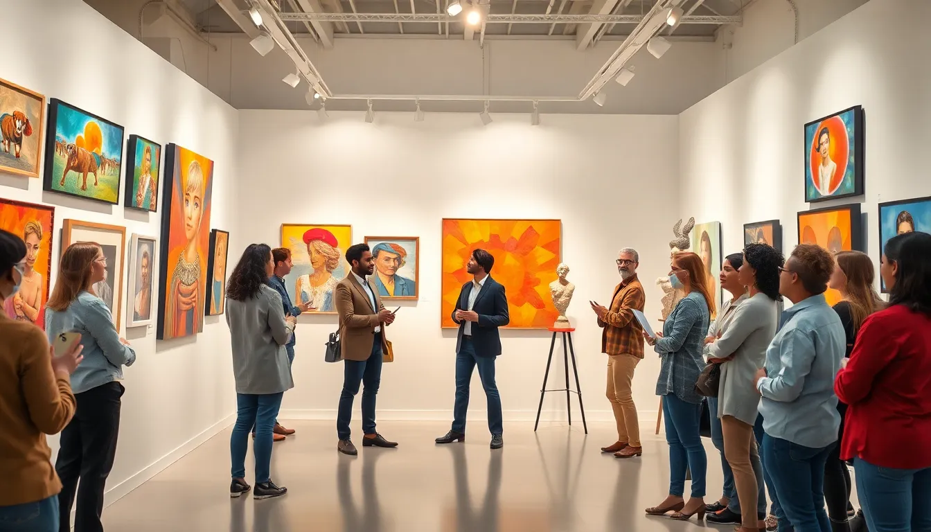 diverse artists showcasing artwork in a modern gallery.