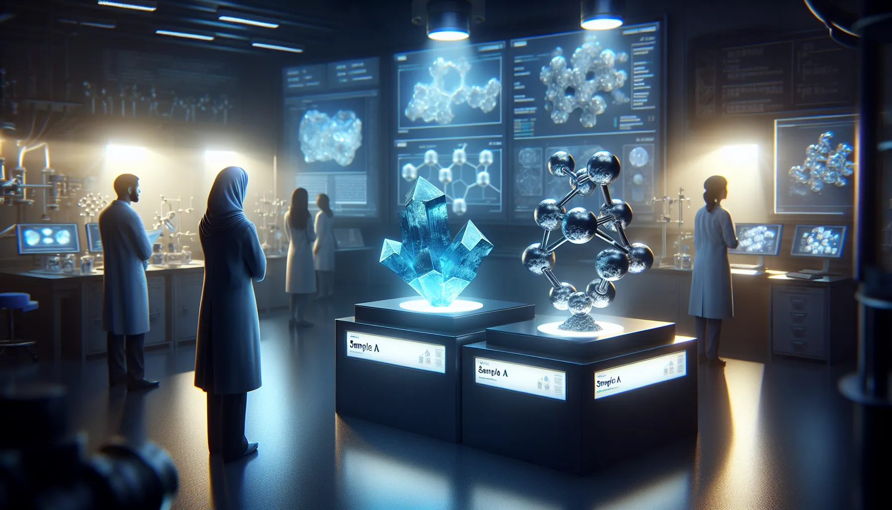 Samples of Vibranium and Adamantium displayed in a scientific laboratory.